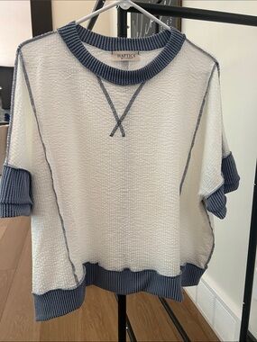 Haptics Women's White Waffle-Knit Short-Sleeve Top with Blue Trim